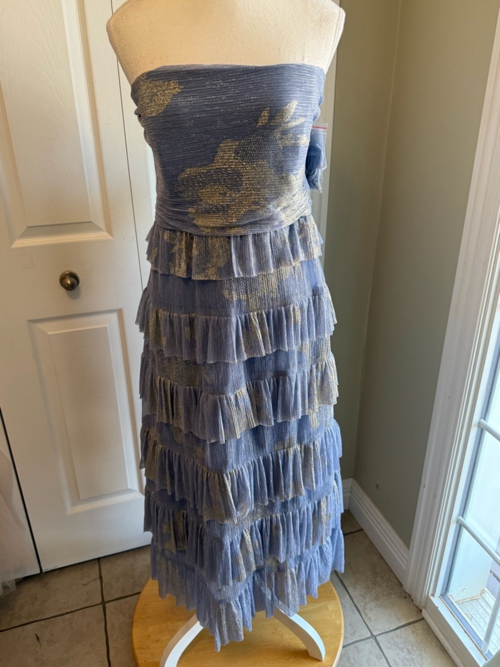 After Six Strapless Ruffled Maxi Dress in Lark Dusty Blue with Gold Foils
